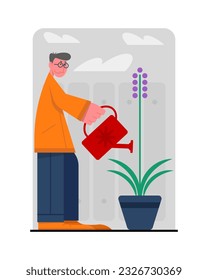 Man holding watering can and waters flower in pot. Concept of housekeeping and retirement. Work in garden. Happy old age. Flat vector illustration in cartoon style