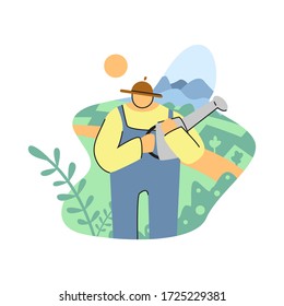 el hombre sostiene plantas de riego en el campo de ilustración vectorial. el hombre se vuelve verde con el concepto de plantación para la tierra más verde, granjero, aislado, plantilla de diseño, tarjeta, diseño de pancartas, afiche. Eps 10