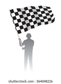 Man holding Waving Flag with checkered Black & White racing Pattern, motor sport element, Vector Illustration