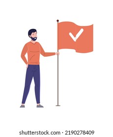 Man holding waving red flag with check mark. Successful businessman celebrating goal achievement, reaching purposes, tasks being complete. Victory, winning and challenge flat vector