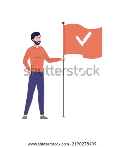 Man holding waving red flag with check mark. Successful businessman celebrating goal achievement, reaching purposes, tasks being complete. Victory, winning and challenge flat vector