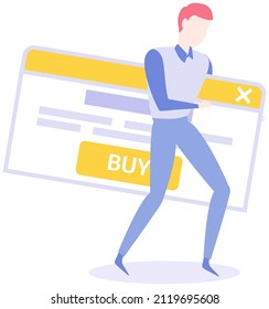 Man holding website page template for online shopping. Buy button, making purchase via Internet. Guy holds webpage window with buy button. Online payment for goods, virtual shopping concept
