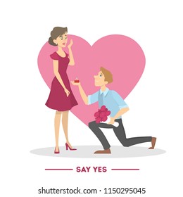 Man holding wedding ring and making a proposal to his girlfriend. Guy in love standing on knee. Couple in front of the heart. Romantic surprise. Isolated vector illustration in cartoon style