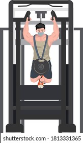A man holding a weight while doing pull up at gym illustration