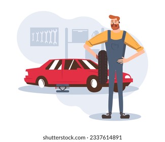 Man holding wheel and ready to perform replacement. Car repair and restoration in service center. Technic occupation. Flat vector illustration in cartoon style in brown and yellow colors