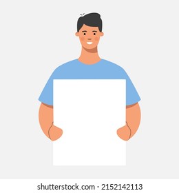 Man holding a white blank board, poster, banner. Business presentation, sale offer or advertising concept. Flat vector illustration.