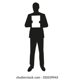 Man holding white board. vector silhouette