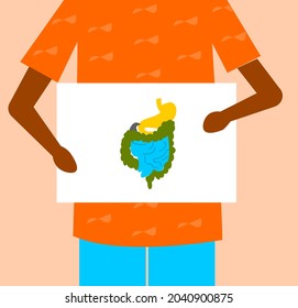 Man holding white board which illustrates intestine, symbolizes good intestine and gut i.e.  Gastrointestinal tract