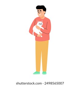 Man Holding White Cat in Arms