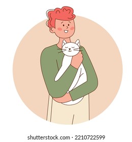 Man holding white cat in his arms. Concept of love for pets. Design element isolated on background with circle. Outline flat vector.