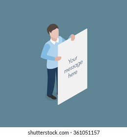 Man holding white empty banner isometric concept vector illustration