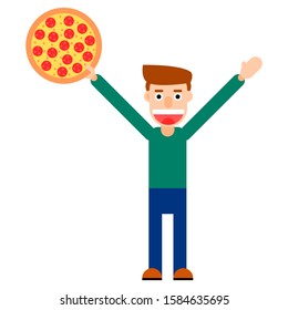 A man is holding a whole pepperoni pizza. He has a big happy smile. He is pursuing you to eat pizza.