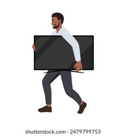 Man Holding Wide TV Screen, Department Store Shopping For Domestic Equipment. Flat vector illustration isolated on white background