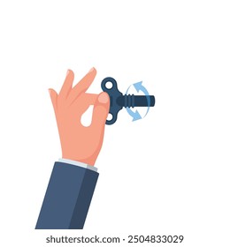 Man holding winding key in hand. Template for motivation and stimulation. Vector illustration flat design. Isolated on white background.