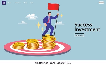 Man Holding Winner Flag On Top Of Dollar Money. Businessman Success Investment Or Make Money Target. Savings Objective Or Accomplishment. Financial Target, Bargain Value Or Growth Stocks. Vector