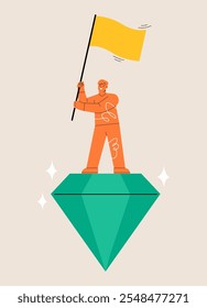 Homem segurando a bandeira do vencedor no diamante. Ilustração vetorial colorida
