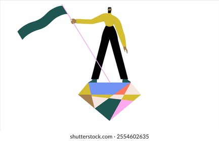 Man holding winner flag on diamond. Color vector illustration.