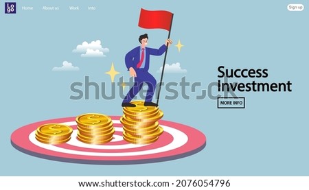Man holding winner flag on top of dollar money. Businessman success investment or make money target. savings objective or accomplishment. Financial target, bargain value or growth stocks. vector