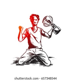 Man holding up winning trophy, Hand Drawn Sketch Vector illustration. 