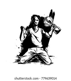 Man holding up winning trophy, Hand Drawn Sketch Vector illustration. 