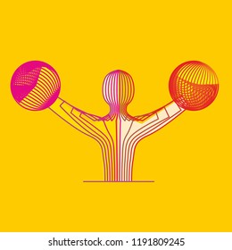 Man holding wireframe ball or globes