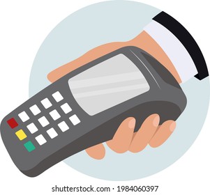 Mann, der ein drahtloses Terminal hält, Vektorgrafik von Hand und kontaktlose Zahlung für Online-Brieftasche oder Apfelkredit-Bezahlung per Handy-Anwendung elektronische Geldterminaltransaktion