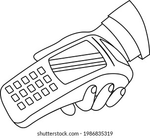 hombre con terminal inalámbrico, ilustración vectorial de la mano y pago sin contacto para cartera en línea o tarjeta de crédito apple pago por aplicación móvil electrónica dinero transacción de caja
