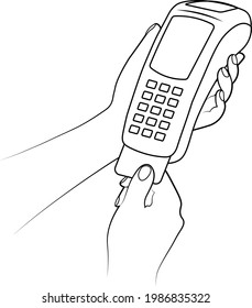 man holding wireless terminal, vector illustration of hand and contactless payment for online wallet or credit card apple pay by phone mobile application electronic money terminal cash transaction