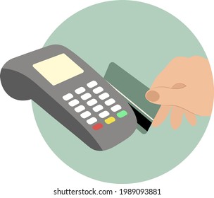 man holding wireless terminal, vector illustration of hand and contactless payment for online wallet or credit card apple pay by phone mobile application electronic money terminal cash transaction