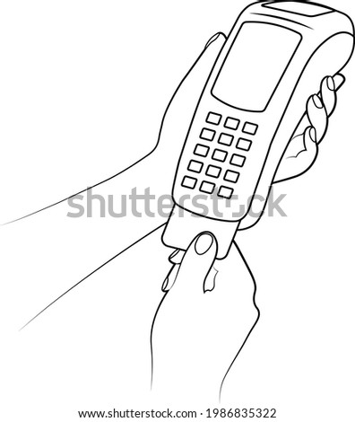 man holding wireless terminal, vector illustration of hand and contactless payment for online wallet or credit card apple pay by phone mobile application electronic money terminal cash transaction