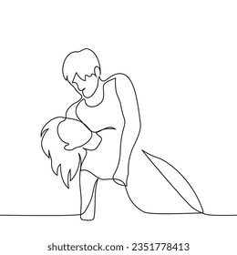 man holding woman in dance pas or passed out - one line art vector. concept of a couple of lovers, dancers, faint