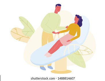 Man Holding Woman Hand on Hospital Bed. Treat Teeth. Vector Illustration. Man Care for Sick Wife. Family Relationships. Woman Lying on Bed and Man in Hospital Room. Kindness and Health Care.