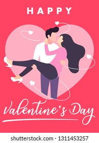 Man Holding Women in Arms with Hearts Floating Around. Lovely Couple Illustration. Valentine's Day cute minimal Card. Vector - EPS