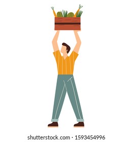 Man holding wooden box with vegetables. Concept of eco products delivery or vegetarian food. Man with groceries. Flat vector illustration