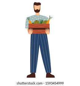 Man holding wooden box with vegetables. Concept of eco products delivery or vegetarian food. Man with groceries. Flat vector illustration