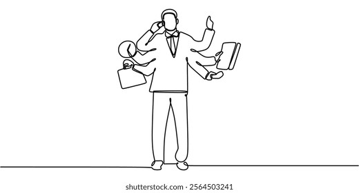 A man holding work equipment while calling in continuous line drawing. Representing multitasking, communication, and balancing responsibilities. Vector illustration hand drawn.