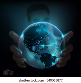 Man holding world hologram sphere. Cyber space technology  inspired  illustration