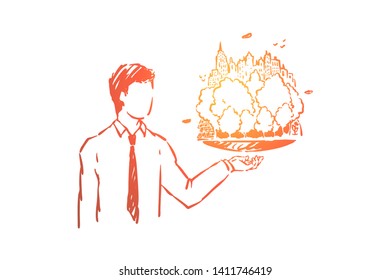 Man holding world model, balance between nature and city, modern urban landscape, social commentary on ecology. Environmental and ecological city project concept sketch. Hand drawn vector illustration