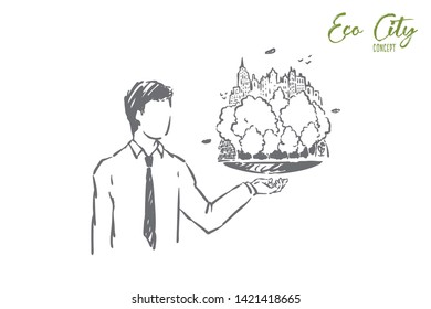 Man holding world model, balance between nature and city, modern urban landscape, social commentary on ecology. Environmental and ecological city project concept sketch. Hand drawn vector illustration