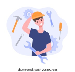 Man holding wrench. Character in helmet scratches his head. Thoughtfulness, person does not know how to solve problem. Worker, plumber, builder, engineer, assistance. Cartoon flat vector illustration