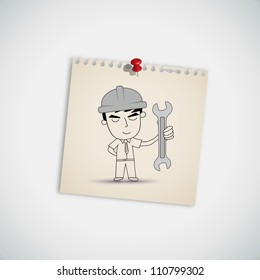 Man holding a wrench on note paper Vector