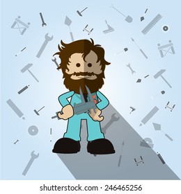 man holding wrench over blue color background