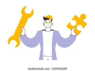 Un hombre tiene una llave y un rompecabezas. Tema de trabajo en equipo. Estilo de moda lineal. Aislado. Vector.