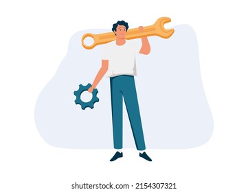 Man Holding Wrench, Screwdriver And Gear Wheel. Concept Of Technical Service, Mechanical Repair, Maintenance Work, Professional Support, Help Or Assistance. Modern Flat Colorful Vector Illustration.