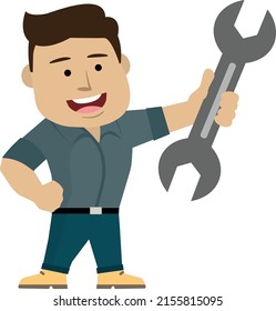 Man holding a wrench. Strong, Power. Vector.