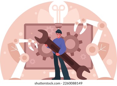 Man holding a wrench. Technics repair concept. The worker holds a huge tool in his hands. Automation business processes. Work organization. Vector illustration