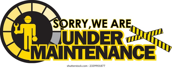 MAN HOLDING WRENCH USING SAFETY HAT AND TEXT UNDER MAINTENANCE VECTOR ILLUSTRATION SIGN