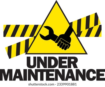 MAN HOLDING WRENCH USING SAFETY HAT AND TEXT UNDER MAINTENANCE VECTOR ILLUSTRATION SIGN