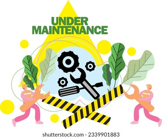 MAN HOLDING WRENCH USING SAFETY HAT AND TEXT UNDER MAINTENANCE VECTOR ILLUSTRATION SIGN