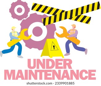 MAN HOLDING WRENCH USING SAFETY HAT AND TEXT UNDER MAINTENANCE VECTOR ILLUSTRATION SIGN